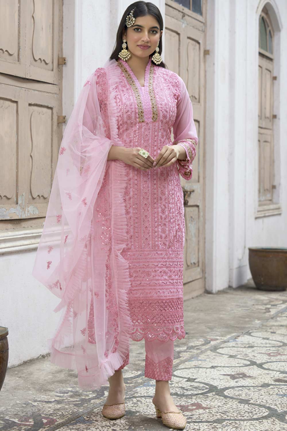 Pink Net Resham Embroidery Pant Suit Set