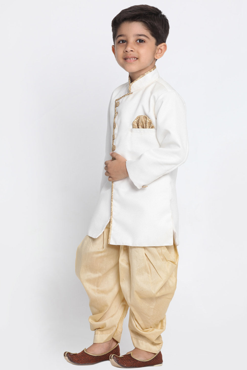 Boy's Cotton Art Silk Kurta Set In White