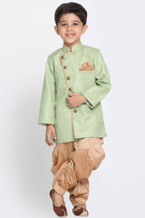 Boy's Cotton Art Silk Kurta Set In Green