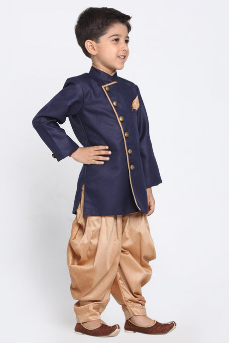 Boy's Cotton Art Silk Kurta Set In Deep Blue