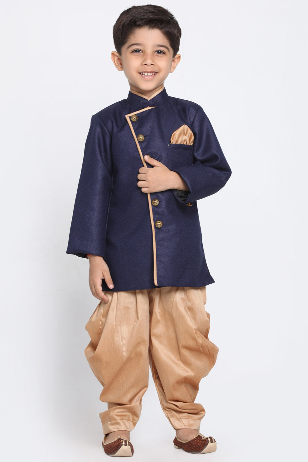 Boy's Cotton Art Silk Kurta Set In Deep Blue