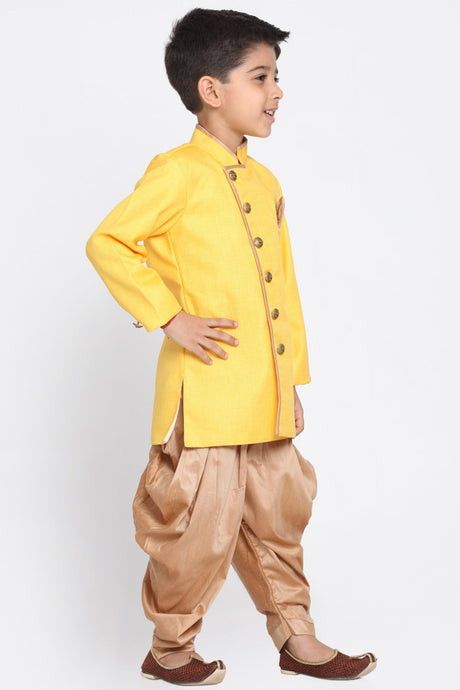 Boy's Cotton Art Silk Kurta Set in Yellow