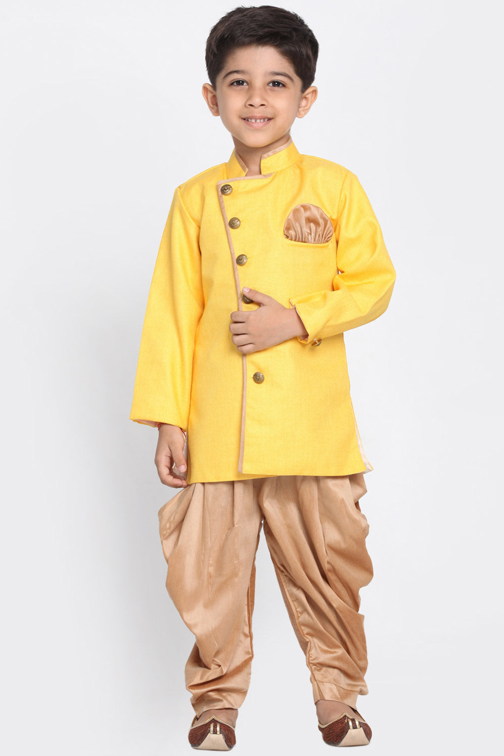 Boy's Cotton Art Silk Kurta Set In Yellow