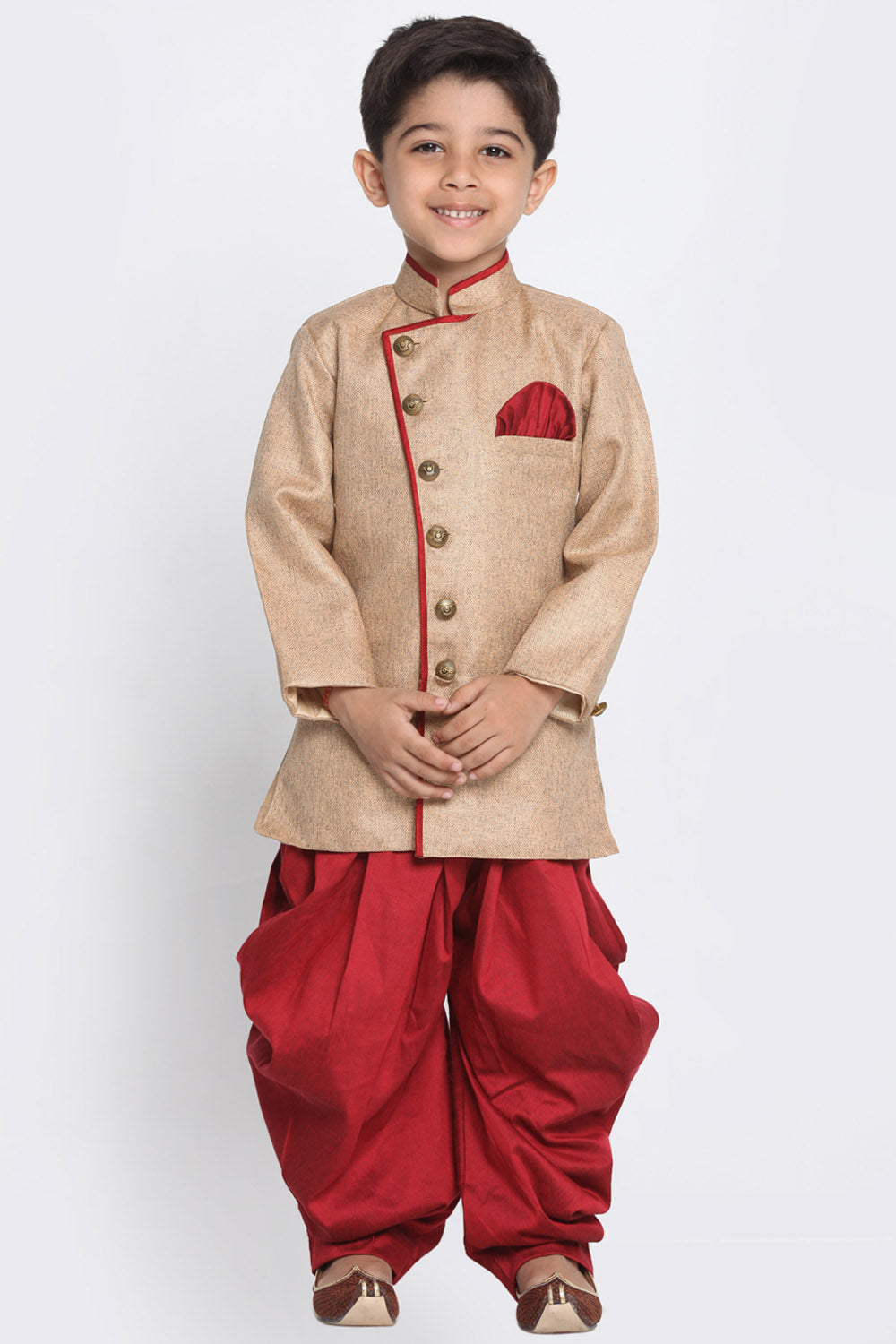 Boy's Cotton Art Silk Kurta Set In Brown