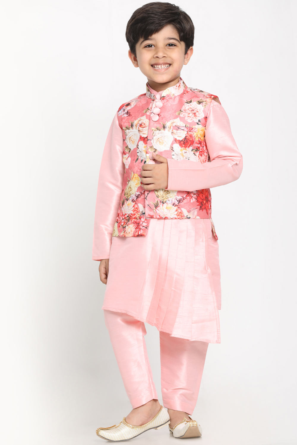 Buy Boys Art Silk Floral Kurta Pyjama Set in Pink