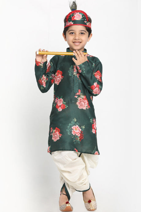 Buy Boys Blended Cotton Floral Kurta and Dhoti Set in Green
