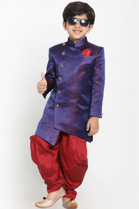 Boy's Art Silk Abstract Sherwani and Dhoti Set in Blue