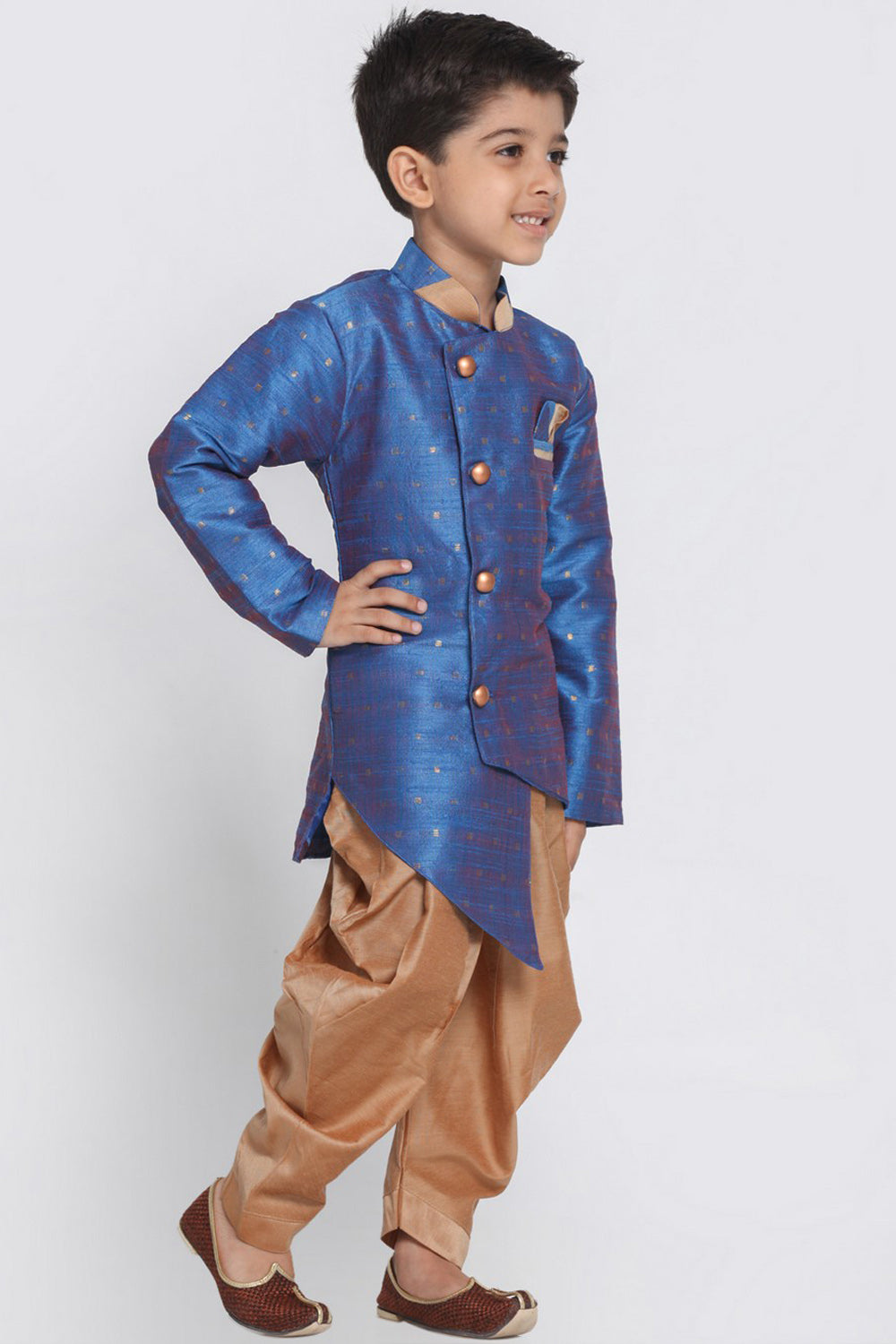 Boy's Cotton Art Silk Kurta Set In Blue