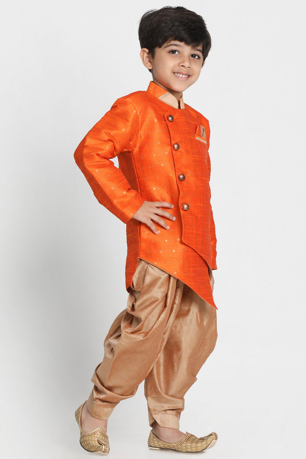 Boy's Cotton Art Silk Kurta Set In Orange