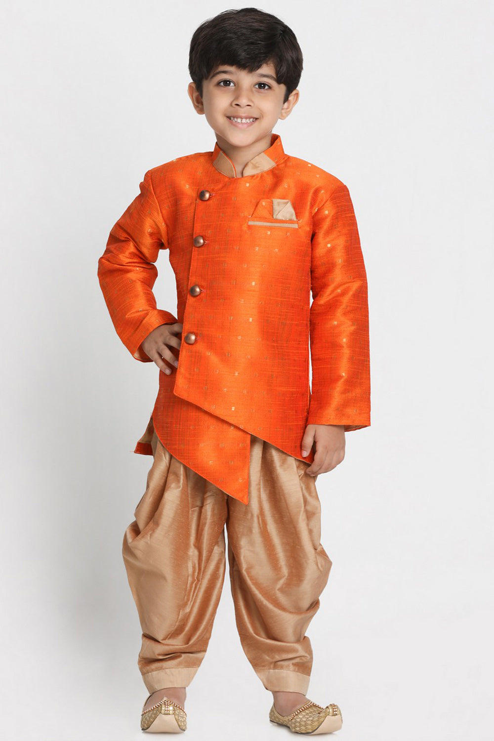 Boy's Cotton Art Silk Kurta Set In Orange