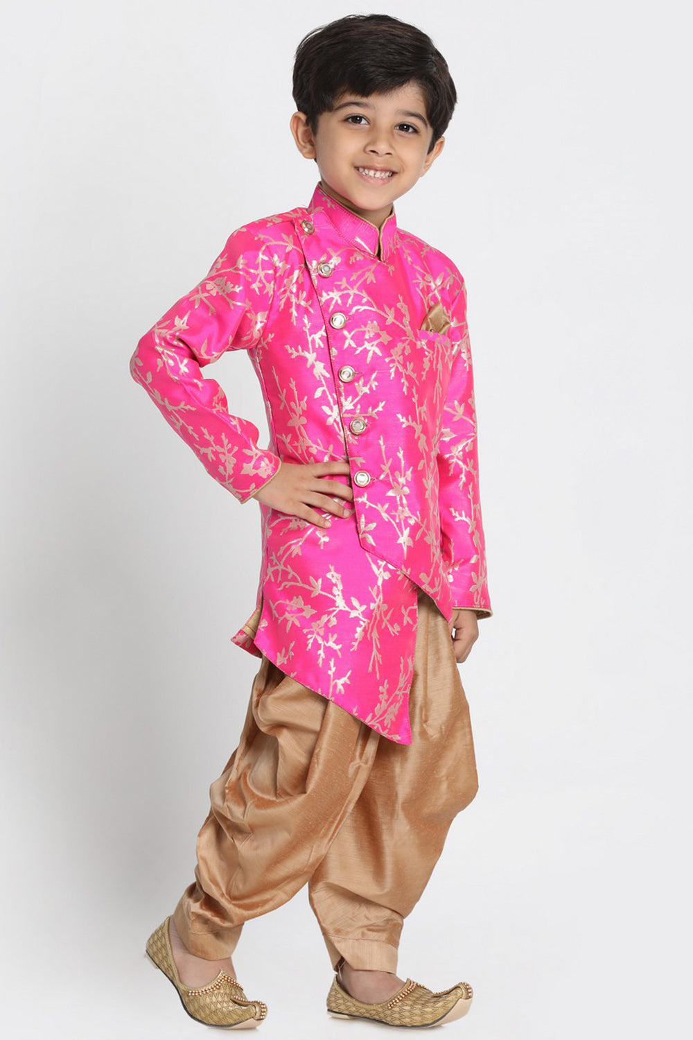 Boy's Cotton Art Silk Kurta Set In Pink