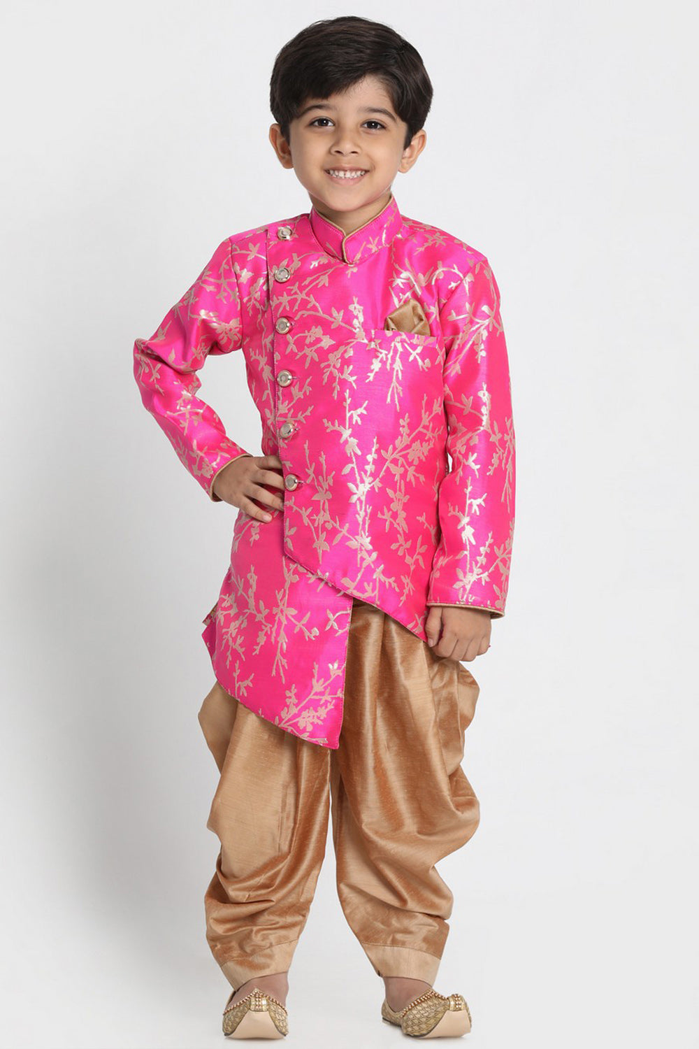 Boy's Cotton Art Silk Kurta Set In Pink