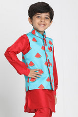 Boy's Cotton Art Silk Nehru Jacket In Light Blue