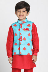 Boy's Cotton Art Silk Nehru Jacket In Light Blue