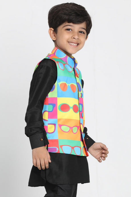 Boy's Cotton Art Silk Nehru Jacket In Teal Blue