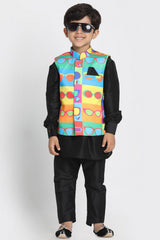 Boy's Cotton Art Silk Nehru Jacket In Teal Blue