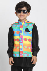 Boy's Cotton Art Silk Nehru Jacket In Teal Blue