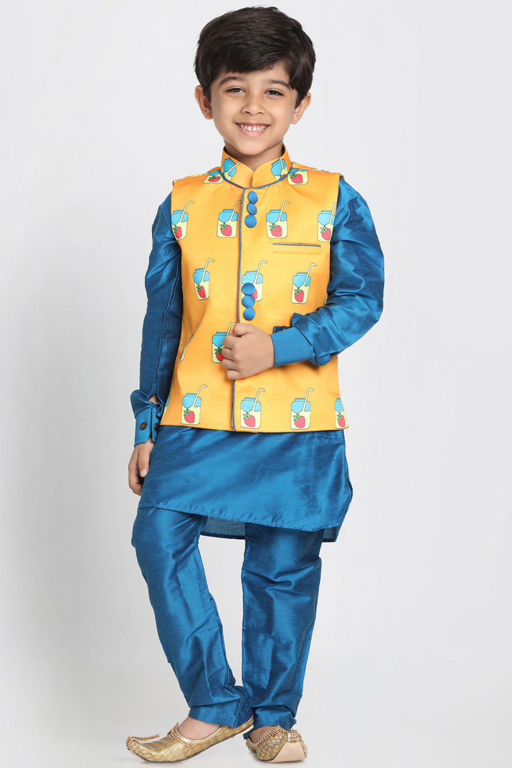 Boy's Cotton Art Silk Nehru Jacket In Orange