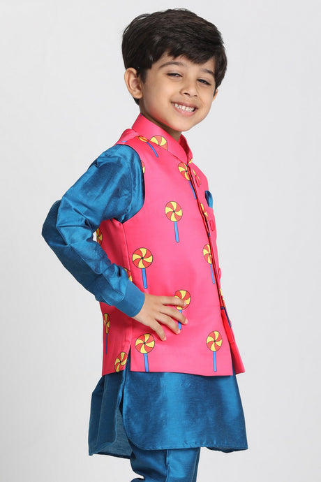 Boy's Cotton Art Silk Nehru Jacket In Pink