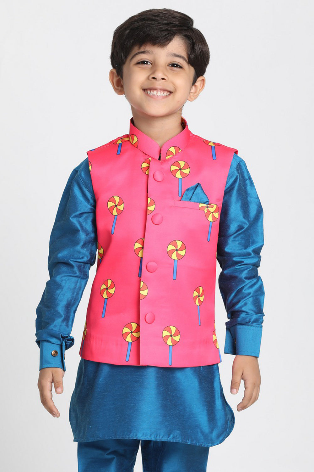 Boy's Cotton Art Silk Nehru Jacket In Pink