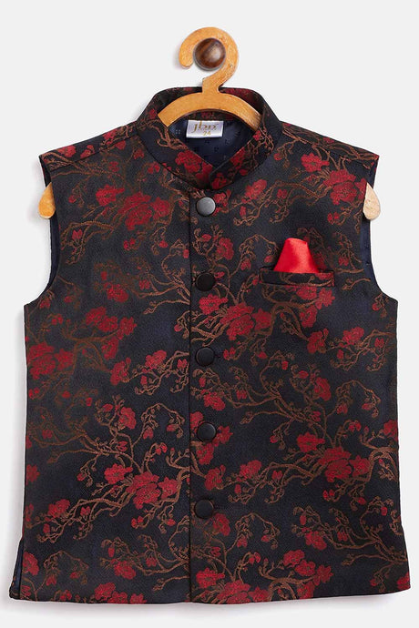 Buy Boys Art Silk Woven Nehru Jacket in Black and Maroon