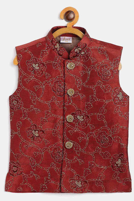 Buy Boys Art Silk Embroidered Nehru Jacket in Maroon