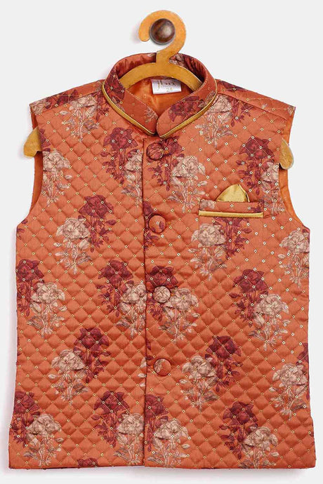 Buy Boys Art Silk Floral Nehru Jacket in Orange