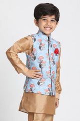 Boy's Cotton Art Silk Nehru Jacket In Teal Blue