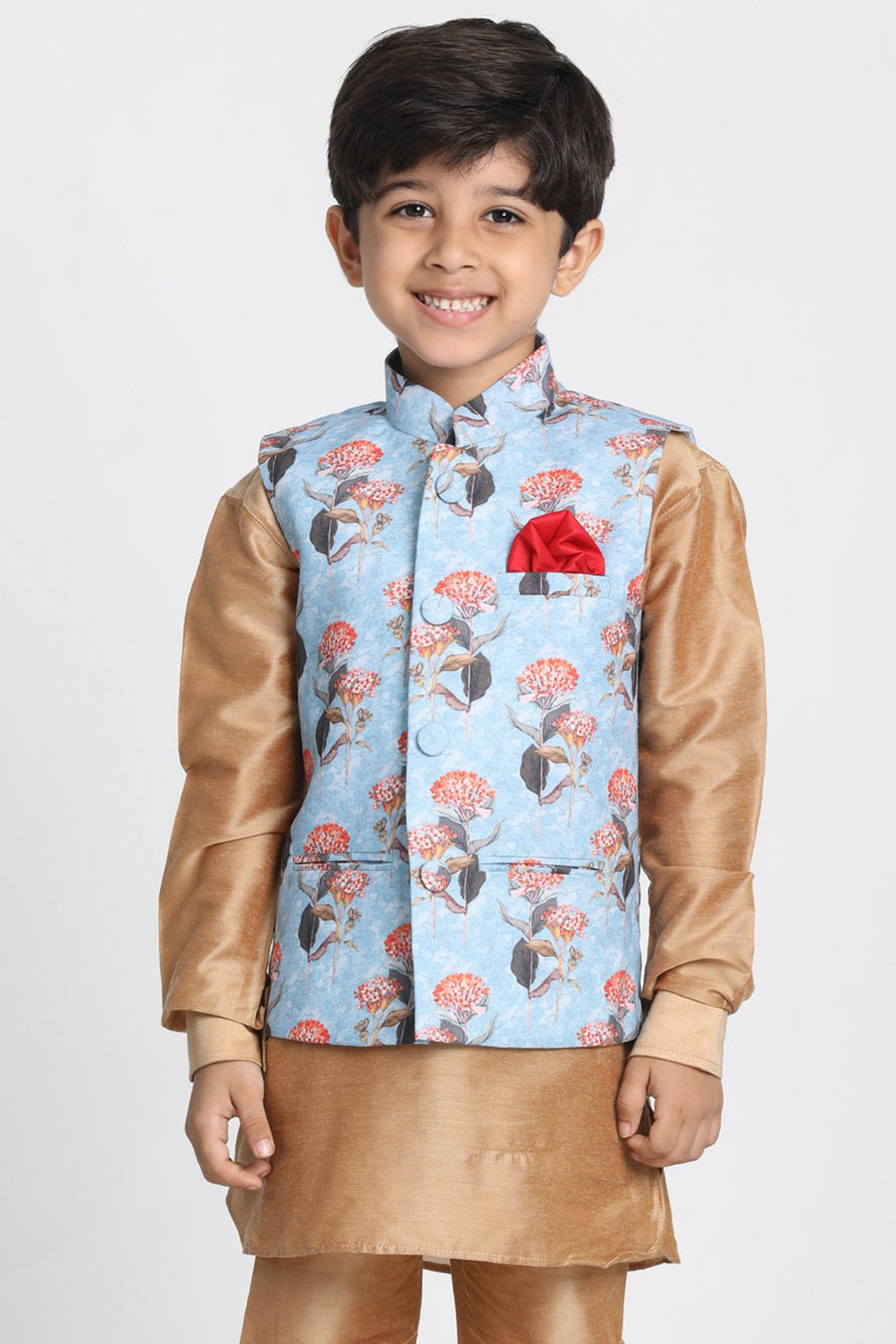 Boy's Cotton Art Silk Nehru Jacket In Teal Blue