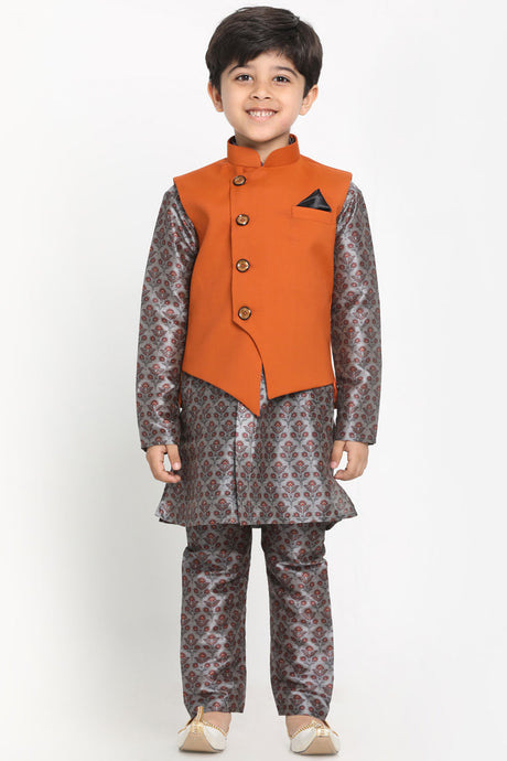 Buy Boys Art Silk Floral Kurta Pyjama Set in Grey