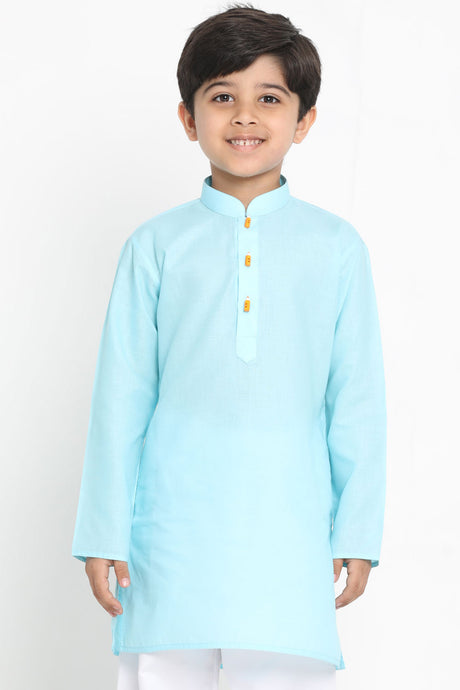 Buy Boys Blended Cotton Solid Kurta in Aqua Blue