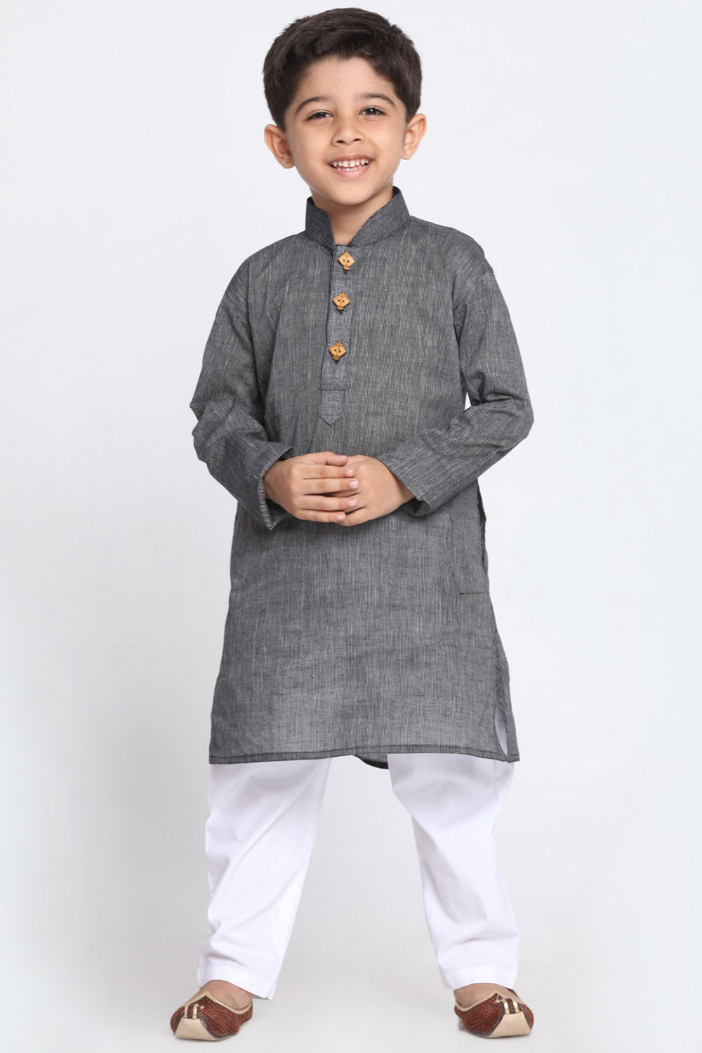 Boy's Blended Cotton Kurta Set In Grey