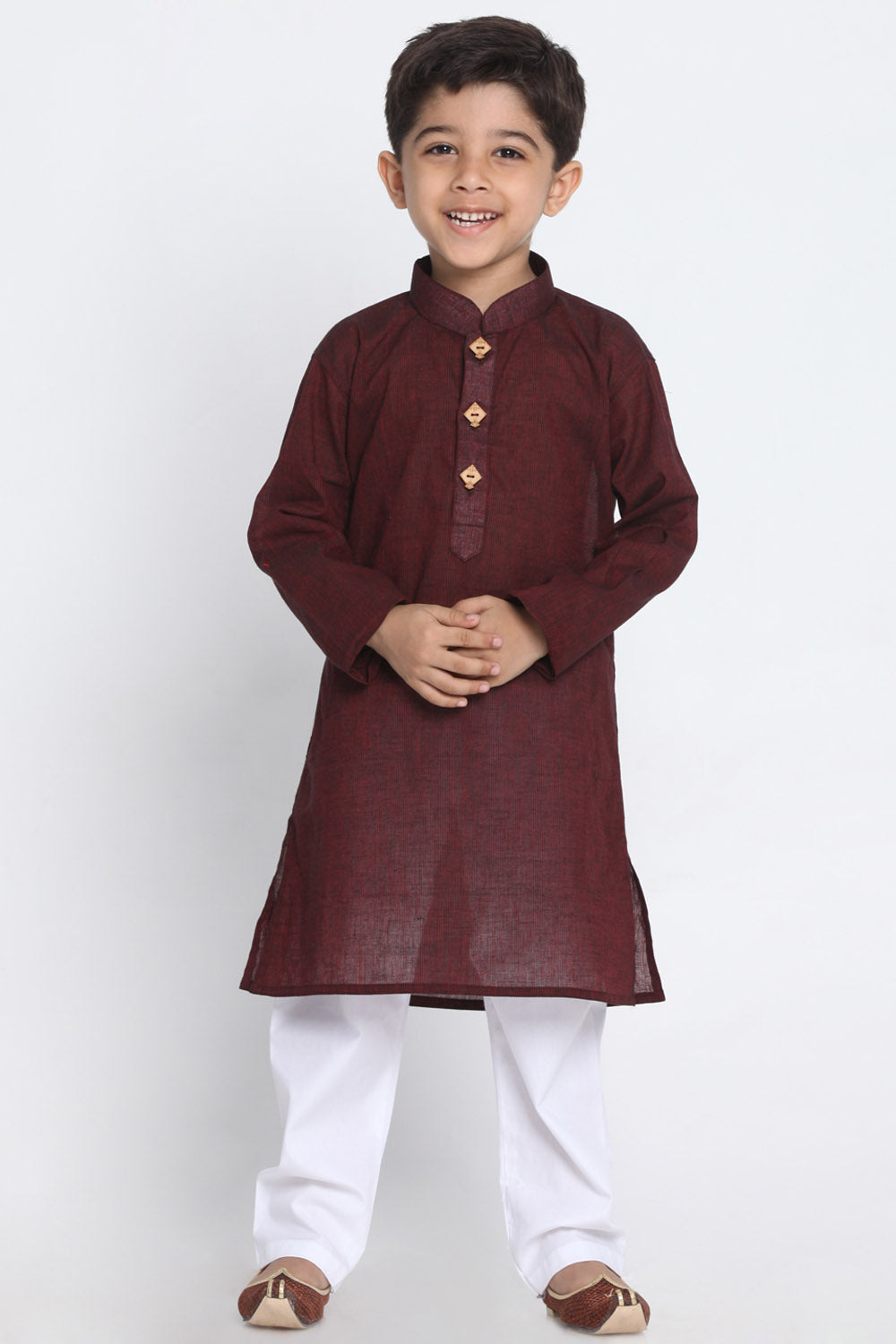 Boy's Blended Cotton Kurta Set In Maroon