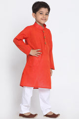 Boy's Blended Cotton Kurta Set In Red