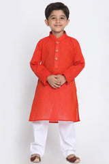 Boy's Blended Cotton Kurta Set In Red