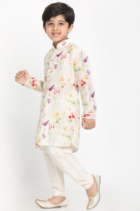 Boy's Multicolor Blended Cotton Kurta Set in Cream