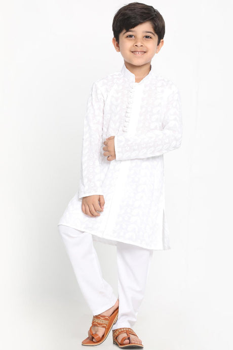 Buy Boys Cotton Embroidered Kurta Pyjama Set in White