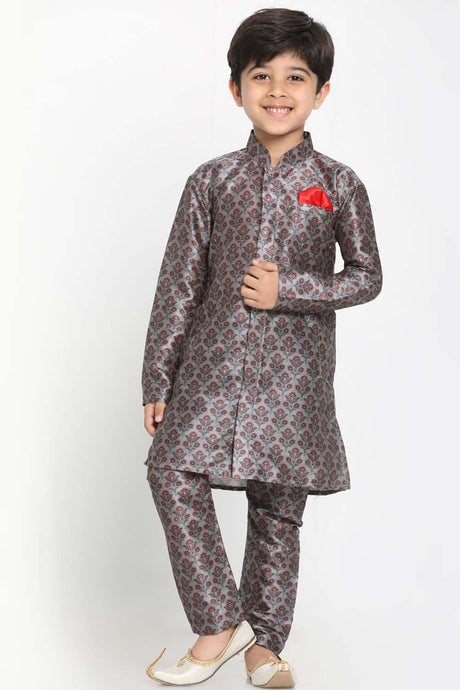 Buy Boys Art Silk Floral Kurta Pyjama Set in Grey