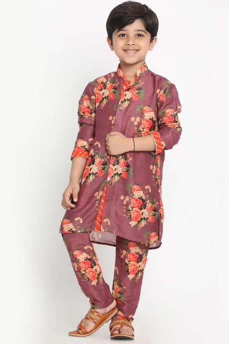 Buy Boys Blended Cotton Floral Kurta Pyjama Set in Purple