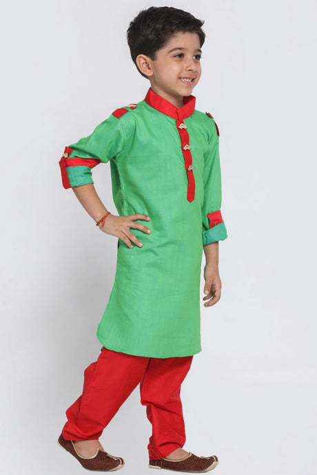 Boy's Blended Cotton Pathani Suit Set in Green
