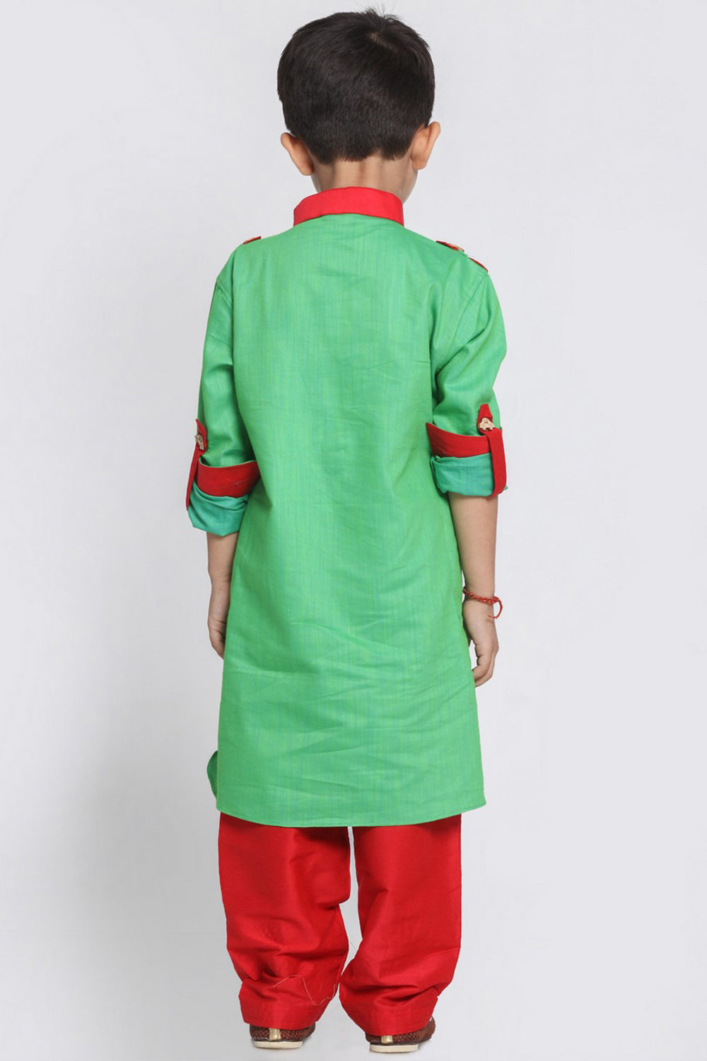 Boy's Blended Cotton Pathani Suit Set In Green