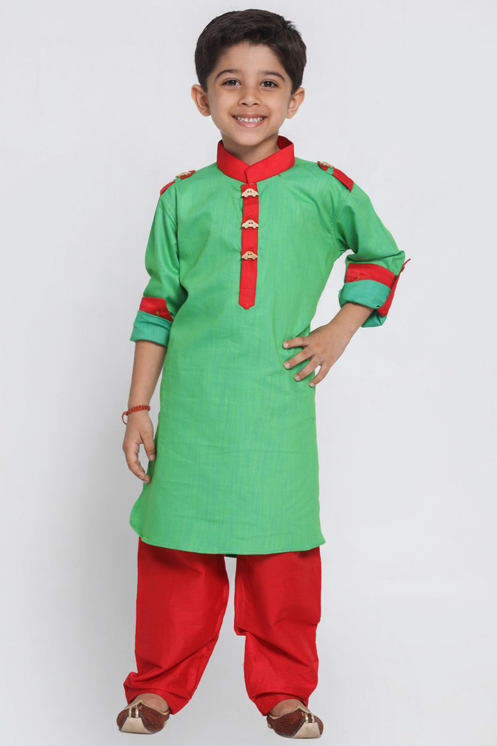 Boy's Blended Cotton Pathani Suit Set In Green