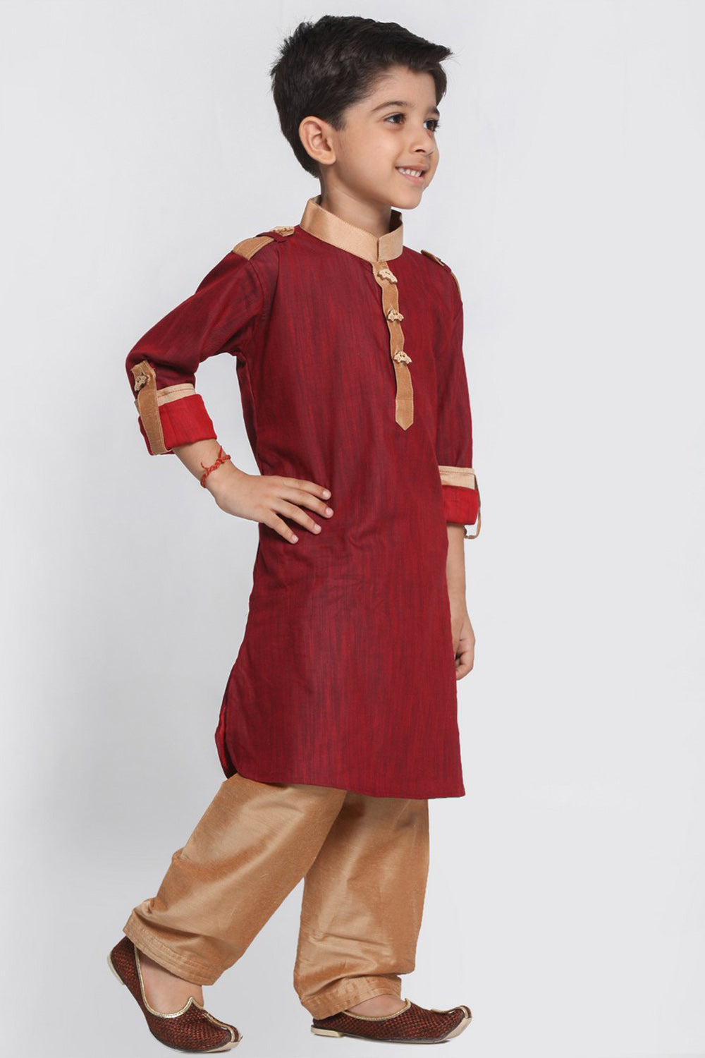 Boy's Blended Cotton Pathani Suit Set In Maroon