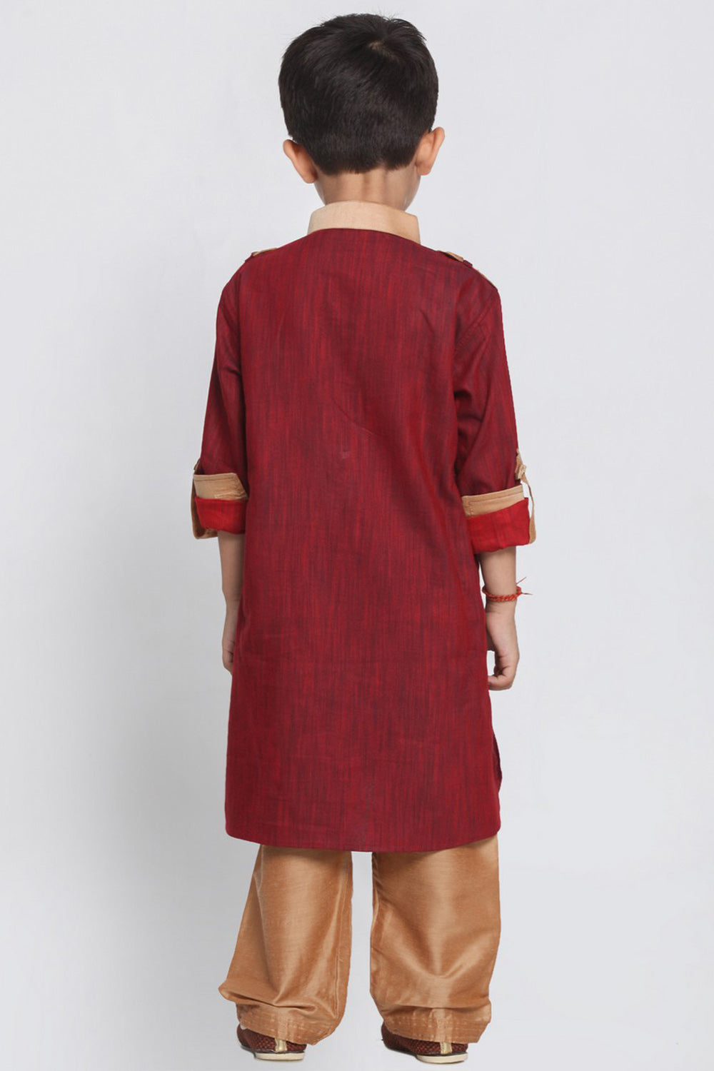 Boy's Blended Cotton Pathani Suit Set In Maroon