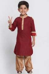 Boy's Blended Cotton Pathani Suit Set In Maroon