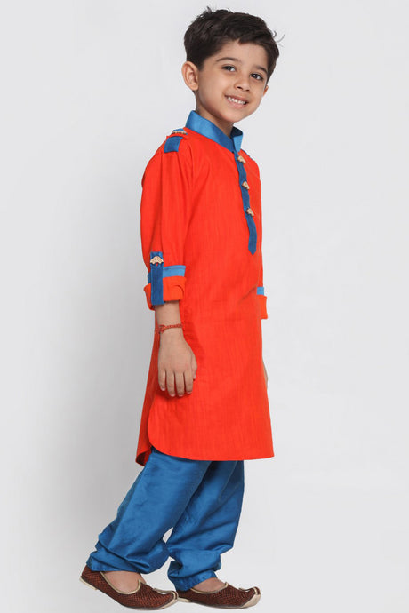 Boy's Blended Cotton Pathani Suit Set in Red