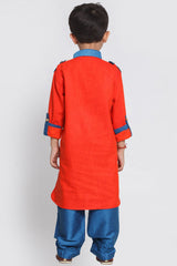 Boy's Blended Cotton Pathani Suit Set In Red