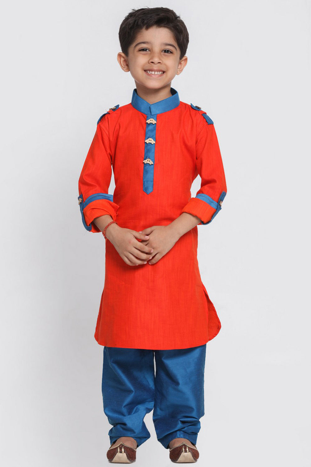 Boy's Blended Cotton Pathani Suit Set In Red