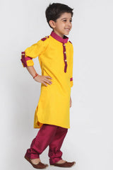 Boy's Blended Cotton Pathani Suit Set In Yellow