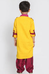 Boy's Blended Cotton Pathani Suit Set in Yellow
